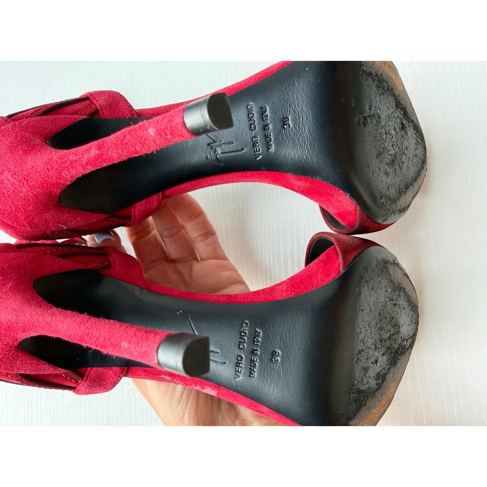 Giuseppe Zanotti Red Suede Metallic Satin Cage Stiletto Sandals Heels Size 38 - Picture 6 of 12